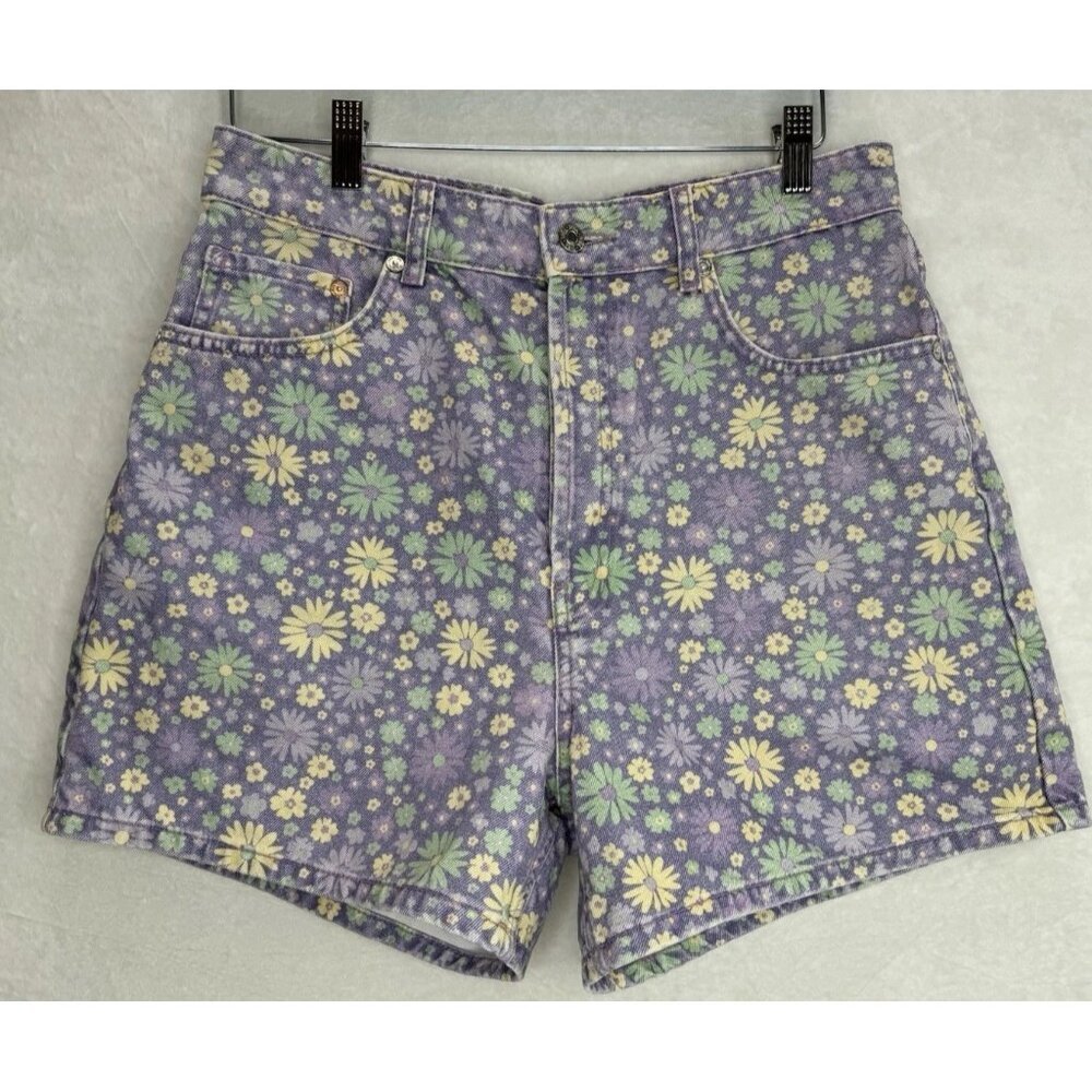 Zara Denim Women's Shorts Purple Floral High Rise Waist Button-Fly Size 10